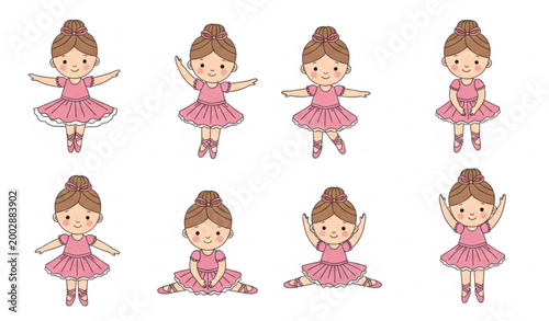 Foto Cute baby ballerina doll set with pink ballet dress and dancing poses in flat ca
