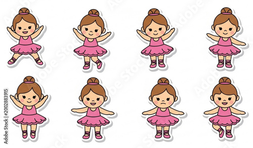 Pink ballerina doll dance circle composition with cute baby girl ballet poses isolated on white