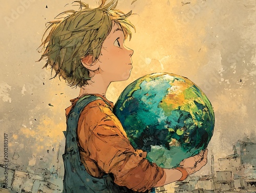 Brightly illustrated globe held by a young boy with a warm smile showcasing a love for the earth