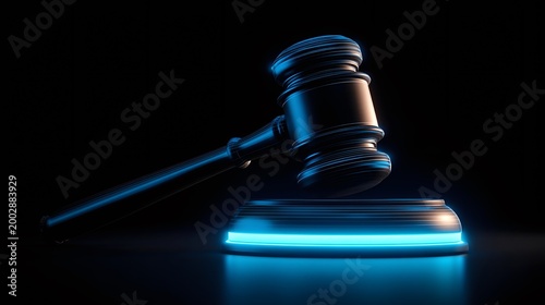 Neon blue glowing gavel set against a black background creating a bold and eye-catching visual