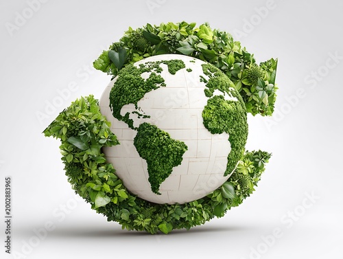 Unique illustration of a globe composed of green leaves representing nature and environmental care
