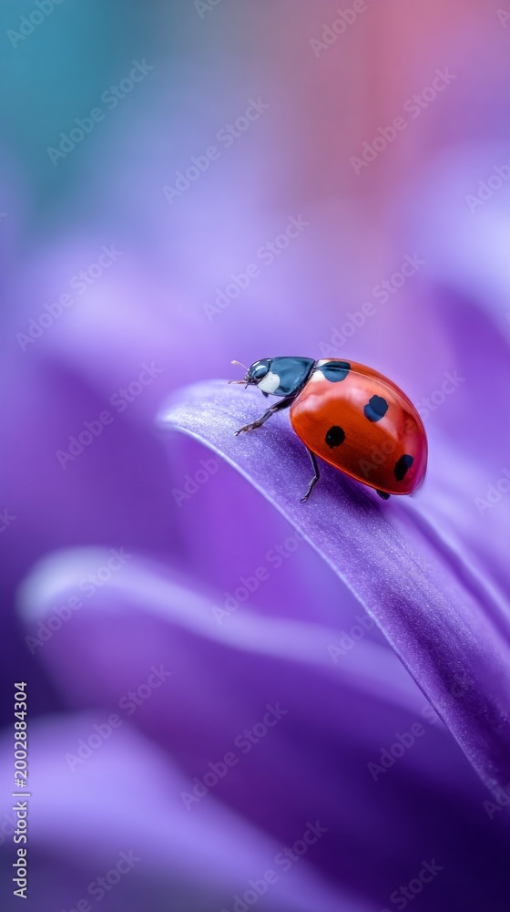 Fototapeta premium A small ladybug with bright red wings and black spots crawls along delicate purple petals. The colorful flower sways gently, reflecting the warmth of a sunny spring day, showcasing nature's beauty