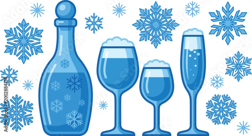 Blue bottle and three glasses filled with cold drinks surrounded by snowflakes