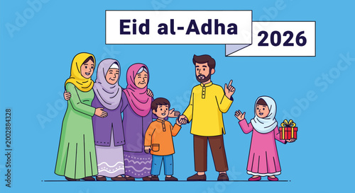 Muslim Family Celebrating Eid al-Adha 2026 Illustration with Parents Children and Grandparents for Islamic Holiday Greeting