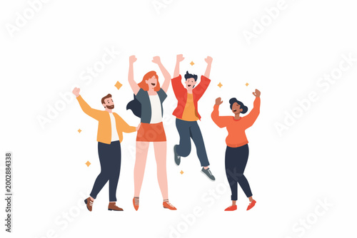 Four diverse people jumping and cheering with joy and excitement