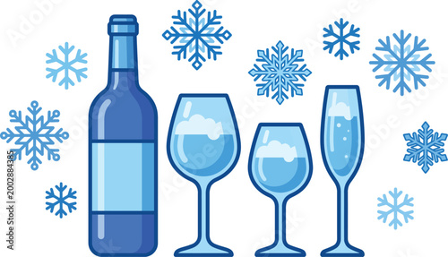 Blue bottle and three glasses with snowflakes on white background wine glass champagne glass