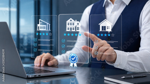 Businessman using a laptop to compare real estate properties on a holographic interface