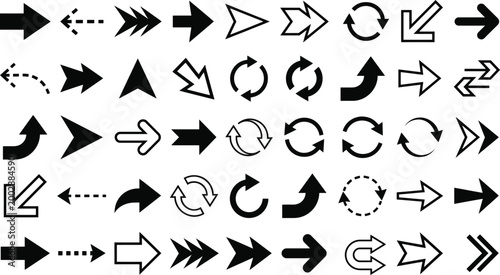 Collection of black and white arrow and symbols pointing in various directions pointer navigation