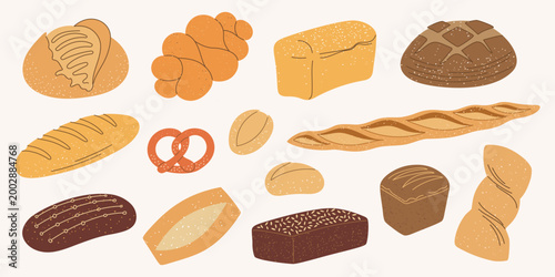 Set of bread and pastry illustrations. Bakery or shop icon, logo. Hand drawn loaf, pretzel, ciabatta, tartine, baguette etc. Design for breakfast, kitchen, cafe. Flat vector art.