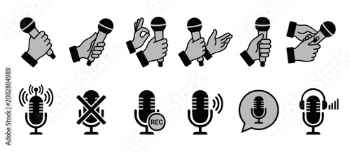 Microphone icon set with hand gestures and audio recording symbols for broadcast, podcast, and media interface design in a minimalist black and grey flat vector style for professional digital producti