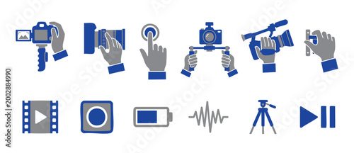 Camera and Video Production Icons Set, Hands Holding Filmmaking Equipment and Media Controls for Digital Content Creation, Professional Videography Tools and Interface Symbols for Web UI and Design Pr