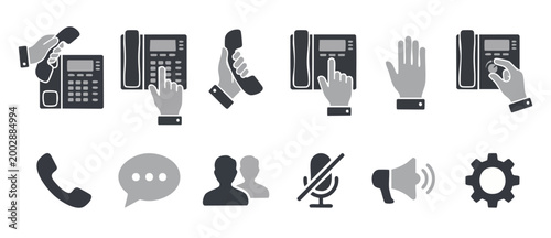 Telephone Icon Set with Hand Gestures for Business Communication and Customer Service Support, Vector illustration of VoIP desk phone operation, mute button, megaphone, and settings symbols in flat st