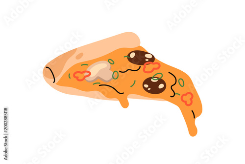 Piece of pizza with triangle shape. Fast food meal of Italian cuisine. Baked slice of fastfood eating with cheese, olives and mushrooms. Flat isolated vector illustration on white background