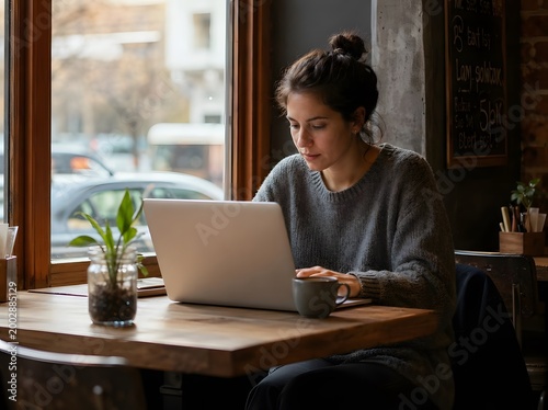 Young woman working on laptop in cozy cafe, focused female freelancer using computer at coffee shop table with window light.
