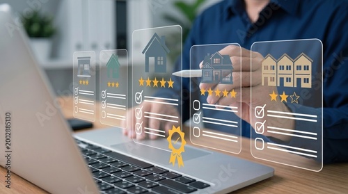A person using a laptop to review and rate properties online