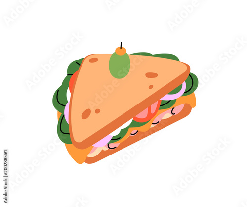 Sandwich with olive. Toast bread with triangle shape with fresh vegetables and ham. Hoagie with lettuce, tomato for lunch. Fast food, eating. Fastfood meal. Flat isolated vector illustration on white