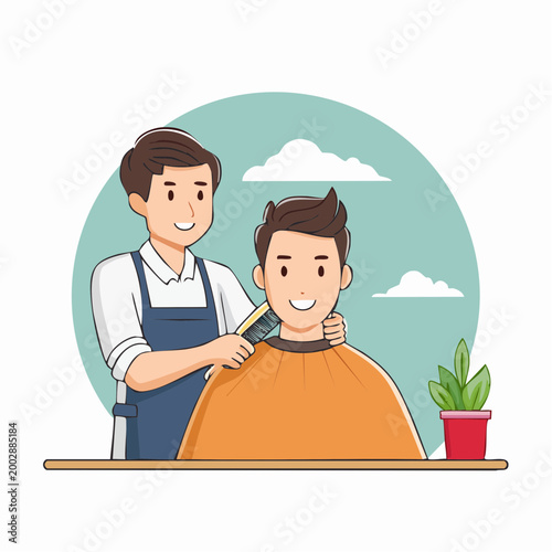 Barber cutting client's hair with comb and scissors