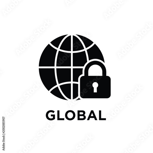 global security icon featuring a world globe with a padlock black silhouette on a white background high quality professional detailed
