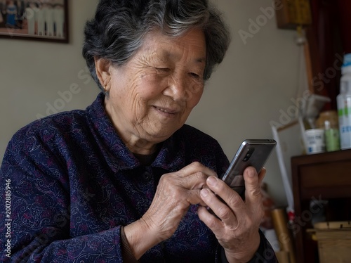 Happy senior Asian woman smiling while using a smartphone at home, elderly person learning technology concept.