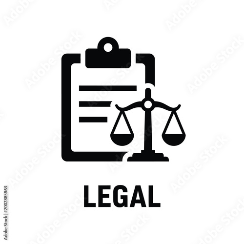 legal justice icon featuring a clipboard with scales of justice black silhouette on white high quality professional detailed modern elegant