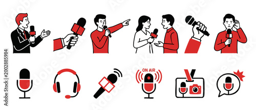 Journalist reporter news icon set, interview microphone and broadcasting elements, professional press media vector illustration on white background, communication and journalism line art graphic colle
