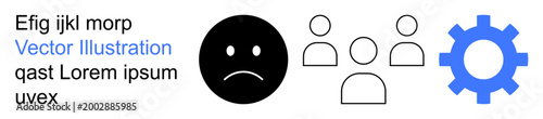 Emotions, teamwork, technology, user interface design, productivity, communication. Black sad face, three minimalistic user icons blue gear. Emotion and teamwork concepts illustrated
