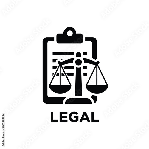 legal scales of justice icon with clipboard black and white graphic symbol on a white background high quality professional detailed