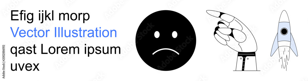 Fototapeta premium Emotions, expressions, aspirations, creativity, communication, motivation. Sad face icon, pointing hand and rocket illustration. Emotions and aspirations symbols for various creative uses