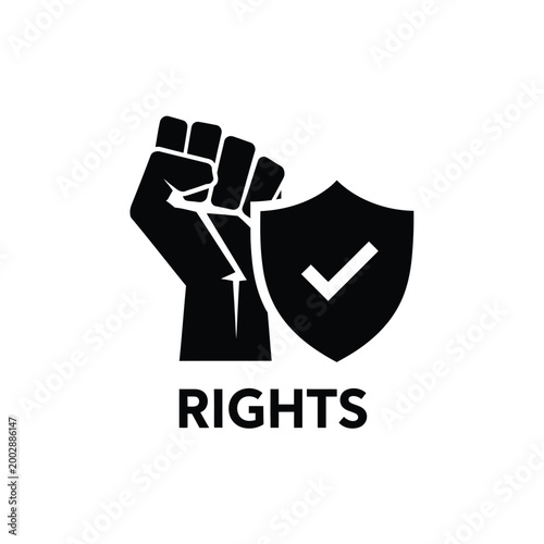 Raised fist silhouette with shield and checkmark symbol over rights text on white background high quality professional detailed modern elegant