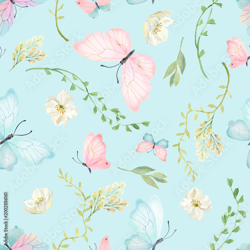 Bild auf Leinwand Cute and gentle seamless pattern for girls with pink and blue butterflies, flowers and branches