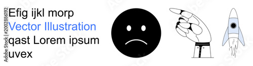 Emotions, expressions, aspirations, creativity, communication, motivation. Sad face icon, pointing hand and rocket illustration. Emotions and aspirations symbols for various creative uses