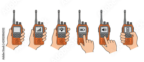Walkie Talkie Radio Icons Set, Hand Holding Portable Two-Way Radio Communication Devices with Various Screen Display Symbols, Flat Vector Illustration Isolated on White Background for Tactical Technol