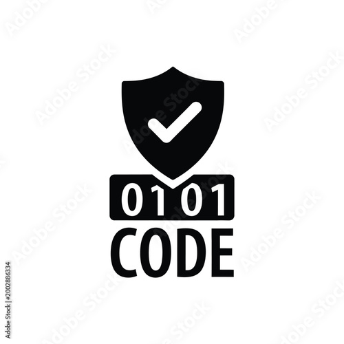 security shield icon with check mark and binary code text black silhouette on white background high quality professional detailed modern