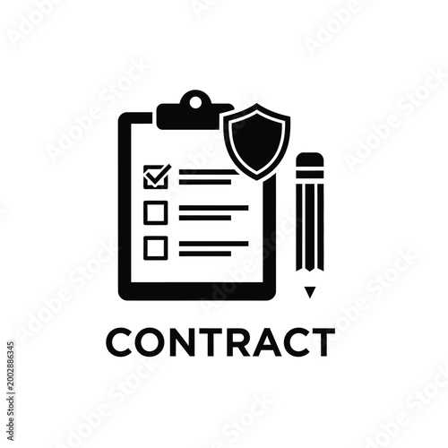 contract icon with clipboard checklist and pen illustration in black and white high quality professional detailed modern elegant stylish clean