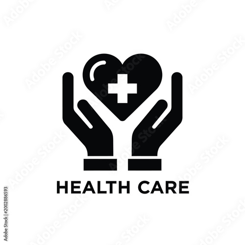 healthcare symbol with hands and heart black icon with text on white background high quality professional detailed modern elegant stylish