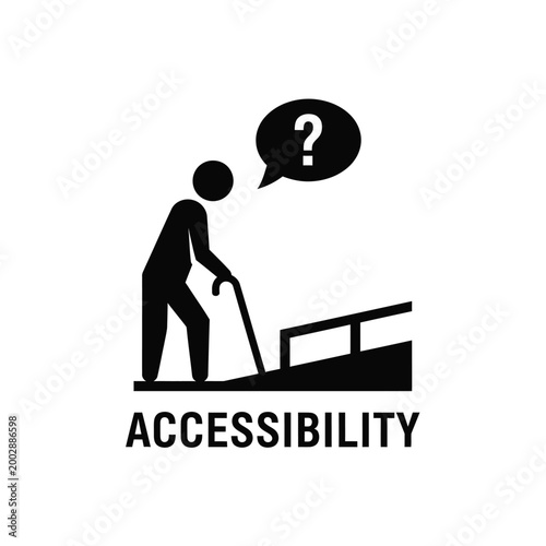 accessibility pictogram showing person with walking cane near stairs and question mark symbol on white high quality professional detailed modern