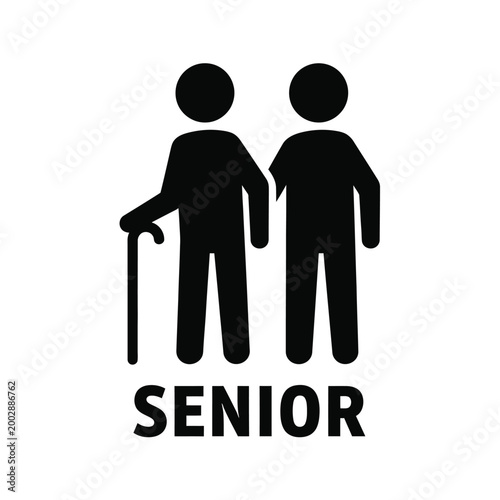 senior citizen pictogram with walking cane and text label black silhouette on white background high quality professional detailed modern elegant