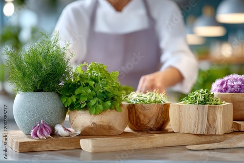 Cook organizing fresh herbs and garlic in wooden bowls on a serving board for mise en place kitchen display and preparation background