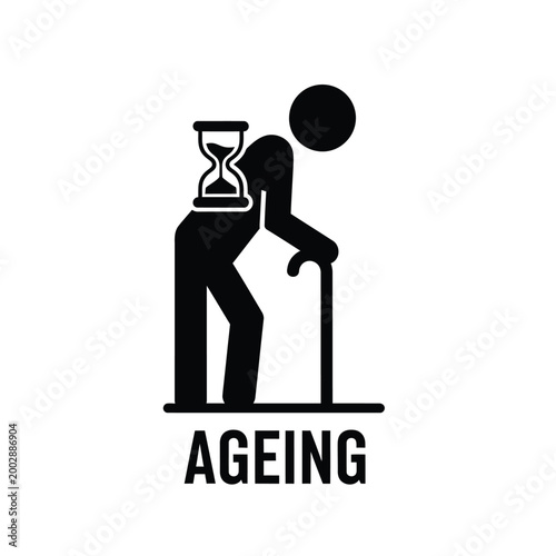 silhouette of elderly person with hourglass symbol and ageing text on white background high quality professional detailed modern elegant stylish