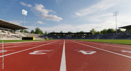 Red athletic track in outdoor stadium with spectators and bright daylight