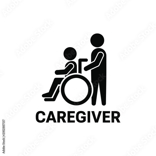 caregiver assistance pictogram featuring a person in a wheelchair and a helping figure black silhouette high quality professional detailed modern