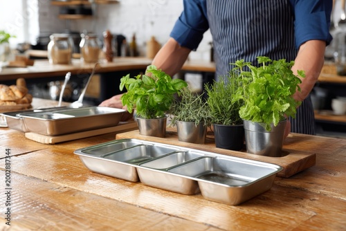 Cook preparing potted herbs and stainless mise en place trays on wooden counter for restaurant prep and kitchen herb station background