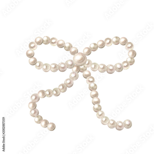 Watercolor pearl bow made of white beads isolated on transparent background