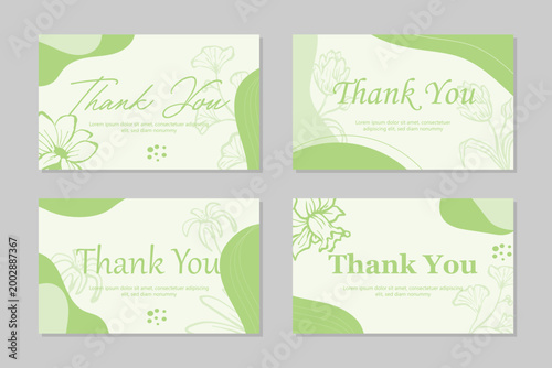Thank you card template set with floral line art and soft abstract shapes	