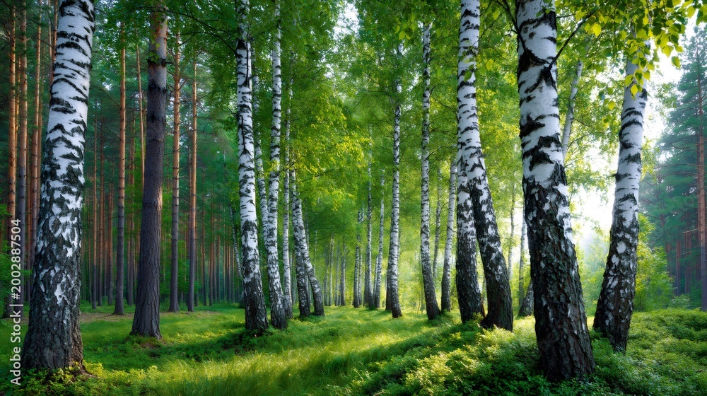 Obraz premium Birch trees standing in a lush green forest