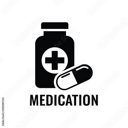 medication icon with pill capsule and medical cross symbol on black background high quality professional detailed modern elegant stylish clean