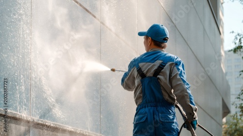 Worker pressure washing building facade with high pressure cleaner