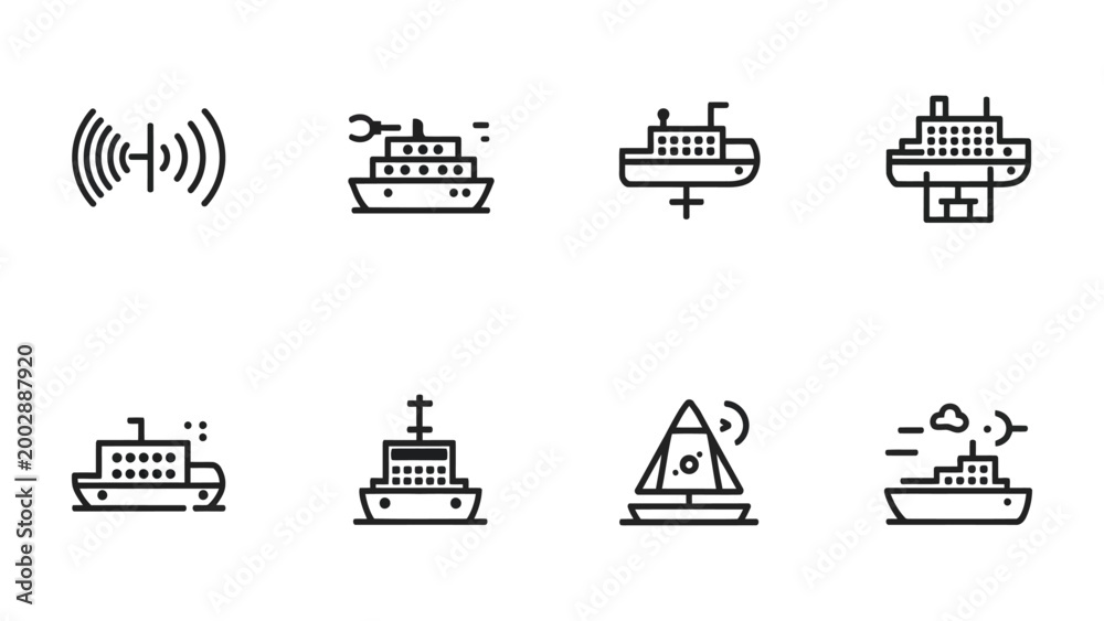 Obraz premium Vector Ships Line Icons: A collection of minimal vector line icons representing ships and maritime elements.