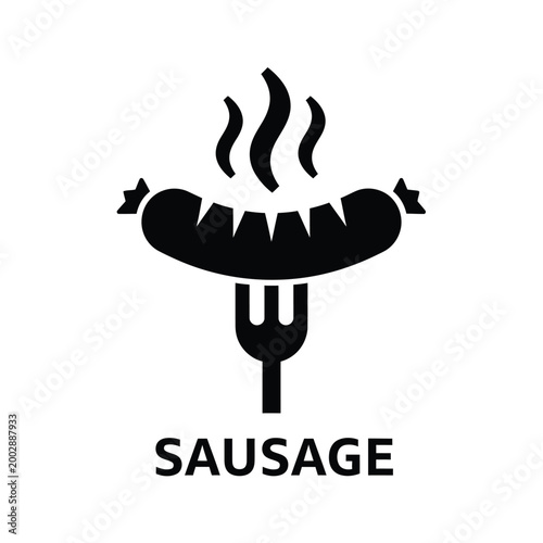 black silhouette of a grilled sausage with fork and steam lines on a white background high quality professional detailed modern