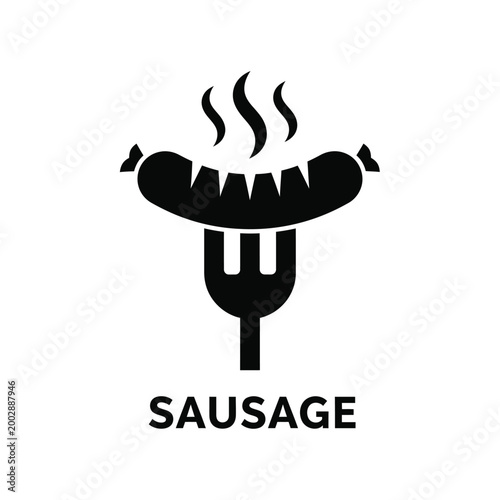 black silhouette of a grilled sausage with fork and steam with the word sausage below high quality professional detailed modern